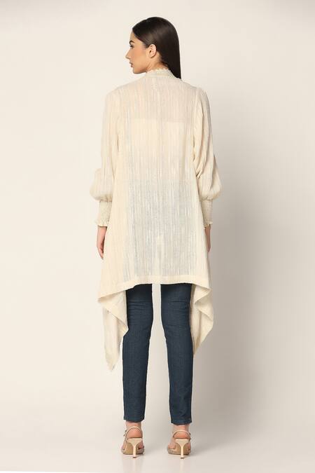 Shop Two Sisters By Gyans Off White Cotton Lace Open Neck Stripe Embroidered Shrug at Aza Fashions Shop_Two Sisters By Gyans_Off White Cotton Lace Open Neck Stripe Embroidered Shrug_at_Aza_Fashions