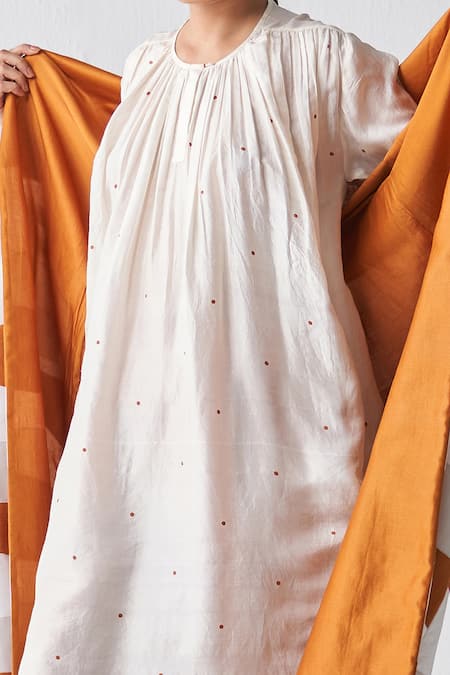 Shop Three Ivory Silk Embroidery Round Neck Gathered Polka Print Dress at Aza Fashions Shop_Three_Ivory Silk Embroidery Round Neck Gathered Polka Print Dress _at_Aza_Fashions