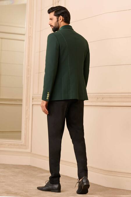 Shop_Tarun Tahiliani_Emerald Green Cotton Satin Fluted Collared Bandhgala Trouser Set _at_Aza_Fashions