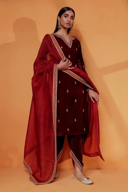 Shop_Taisha_Orange Silk, Velvet Embroidery Pure Dhoti Pant _at_Aza_Fashions