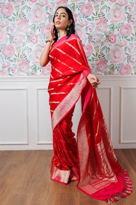 Shop_Paaprika_Pink , Chanderi Zari, Embroidery Handwoven Mashru Saree _at_Aza_Fashions
