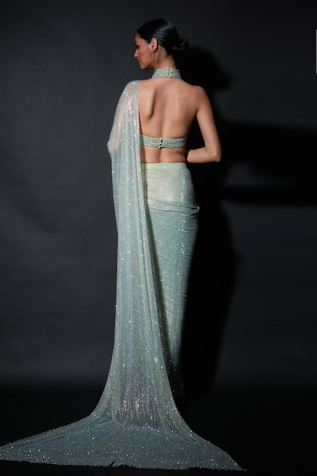 Shop_Itrh_Green Net Beads Halter Neck Lavish Lose Pre-draped Saree With Blouse _at_Aza_Fashions