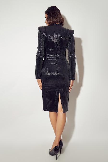 Shop_Sameer Madan_Black Jersey, Faux Leather Round The Marcaria Textured Pattern Bodycon Dress _at_Aza_Fashions