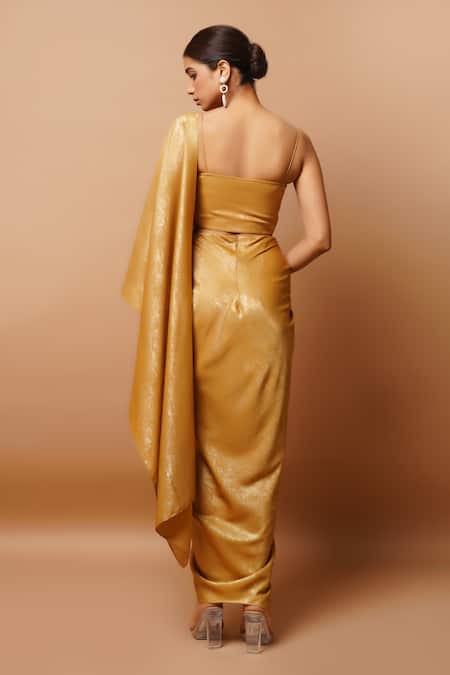 Shop Ahi Clothing Gold Lycra Square Neck Front Pleated Bustier And Skirt Set at Aza Fashions Shop_Ahi Clothing_Gold Lycra Square Neck Front Pleated Bustier And Skirt Set _at_Aza_Fashions