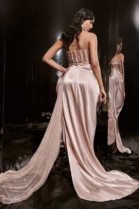 Shop Masumi Mewawalla Pink Net Sequins Sweetheart Neck Embroidered Draped Gown at Aza Fashions Shop_Masumi Mewawalla_Pink Net Sequins Sweetheart Neck Embroidered Draped Gown _at_Aza_Fashions