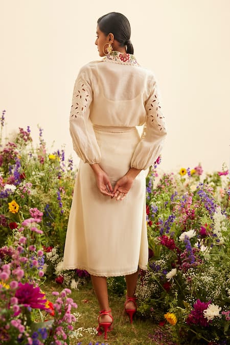 Shop Chandrima Ivory Chanderi Embroidery, Applique Collared Floral Cut Work Shirt at Aza Fashions Shop_Chandrima_Ivory Chanderi Embroidery, Applique Collared Floral Cut Work Shirt _at_Aza_Fashions