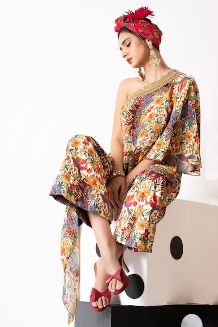 Pds By Sneha Floral Print One Shoulder Top & Flared Pant Set 
