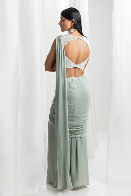 Seema Thukral Green Georgette, Net, Satin Pearls, Hand Embroidered Pre-draped Saree Set Online at Aza Fashions Seema Thukral_Green Georgette, Net, Satin Pearls, Hand Embroidered Pre-draped Saree Set _Online_at_Aza_Fashions