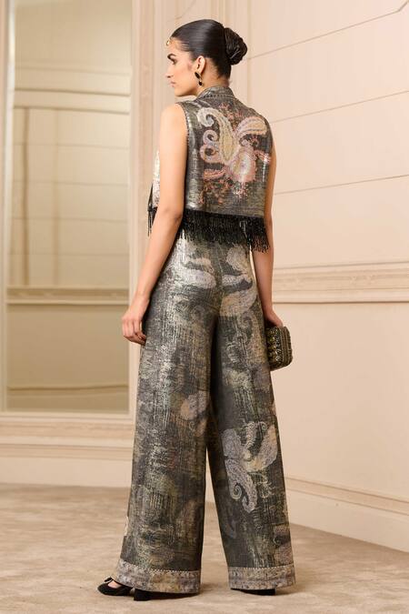 Shop_Tarun Tahiliani_Black Jersey Shawl Neck Foil Paisley Print Gilet_at_Aza_Fashions