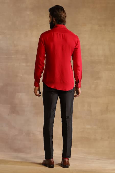 Shop_Raghavendra Rathore Jodhpur_Red Silk Embroidered Geometric Pattern Shirt _at_Aza_Fashions