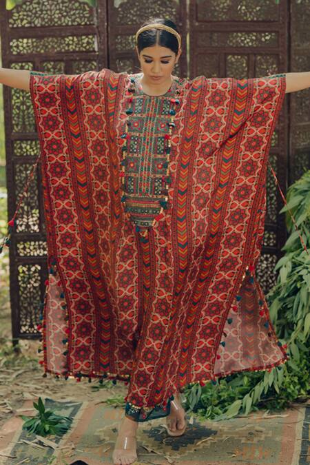 Shop Pooja-Keyur Multi Color Cotton Satin, Organza Floral Print Long Kaftan And Teal Palazzo Set at Aza Fashions Shop_Pooja-Keyur_Multi Color Cotton Satin, Organza Floral Print Long Kaftan And Teal Palazzo Set_at_Aza_Fashions