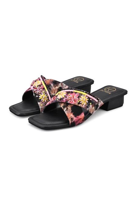 Shop_Kaltheos_Black Embellished Luna Criss Cross Block Heel Sandals_at_Aza_Fashions