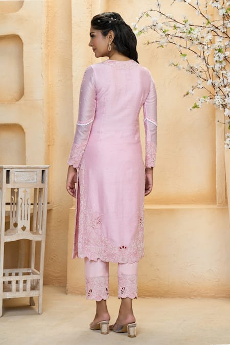 Shop Aariyana Couture Pink Chanderi, Cotton, Silk, Viscose, Organza Pearls, Sequins, Kurta Set at Aza Fashions Shop_Aariyana Couture_Pink Chanderi, Cotton, Silk, Viscose, Organza Pearls, Sequins, Kurta Set_at_Aza_Fashions
