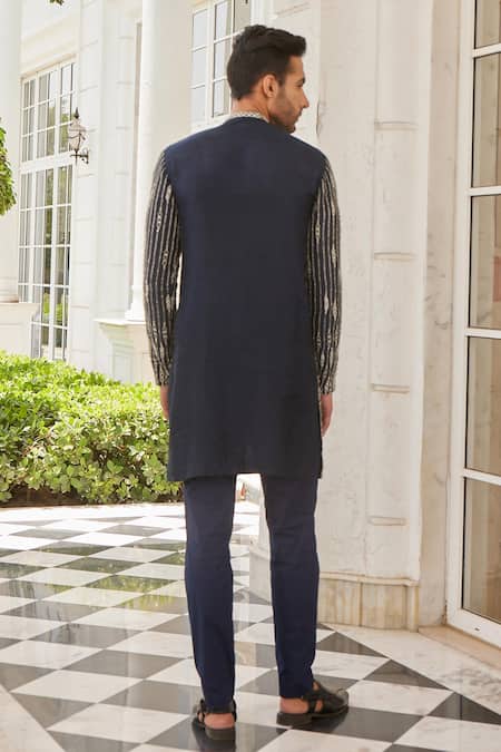 Shop_Charu And Vasundhara_Blue Silk, Lycra Beads, Sequins, Cut Work Sandey Embroidered Straight Kurta Set _at_Aza_Fashions