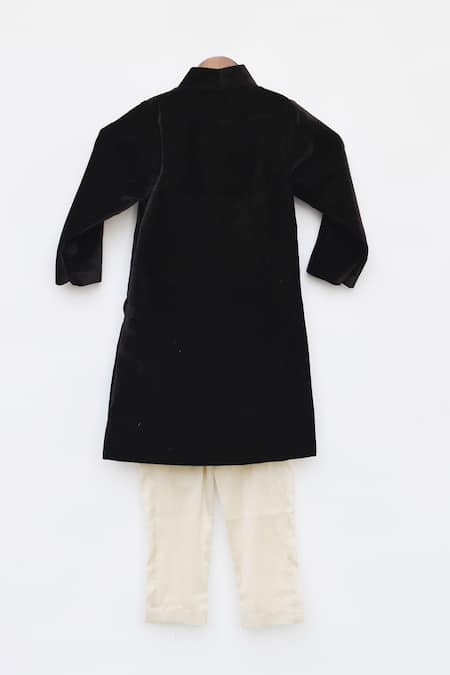 Shop_Fayon Kids_Brown Velvet, Cotton, Silk Achkan And Pant Set _at_Aza_Fashions