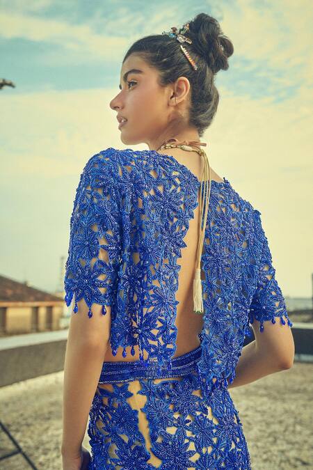 Shop Surily G Blue Organza Embroidered Floral Round Cutwork Crop Top at Aza Fashions Shop_Surily G_Blue Organza Embroidered Floral Round Cutwork Crop Top _at_Aza_Fashions