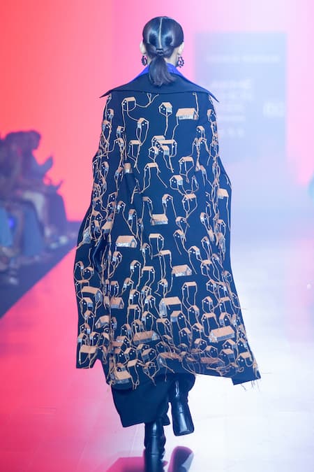 Shop Shahin Mannan Black Crepe Embroidery Tiny Houses Oversized Long Coat at Aza Fashions Shop_Shahin Mannan_Black Crepe Embroidery Tiny Houses Oversized Long Coat _at_Aza_Fashions