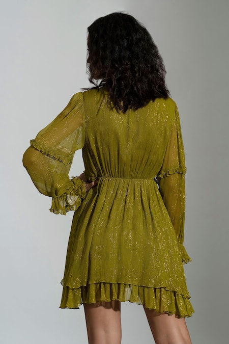 Shop Amrta By Guneet Kondal Green Viscose, Georgette Ruffles V-neck Victorian Sleeve Mini Dress at Aza Fashions Shop_Amrta By Guneet Kondal_Green Viscose, Georgette Ruffles V-neck Victorian Sleeve Mini Dress _at_Aza_Fashions