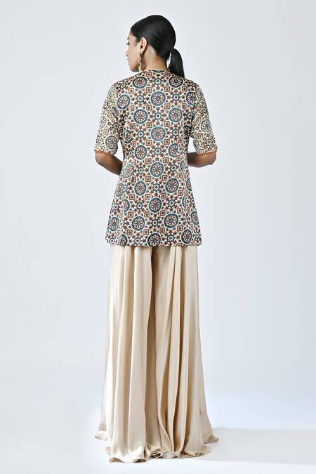 Shop_Sejal Kamdar_Beige German Satin Printed And Hand Embroidered Top & Flared Pant Set  _at_Aza_Fashions