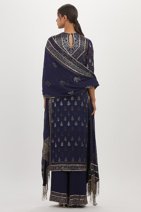 Shop Nakul Sen Blue Chiffon Embroidery Round Neck Floral Cutdana Work Kurta Palazzo Set at Aza Fashions Shop_Nakul Sen_Blue Chiffon Embroidery Round Neck Floral Cutdana Work Kurta Palazzo Set_at_Aza_Fashions