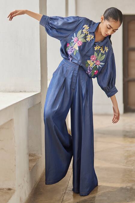 Shop Betrue Blue Denim, Tencel Embroidery Collared Oversized Shirt at Aza Fashions Shop_Betrue_Blue Denim, Tencel Embroidery Collared Oversized Shirt _at_Aza_Fashions