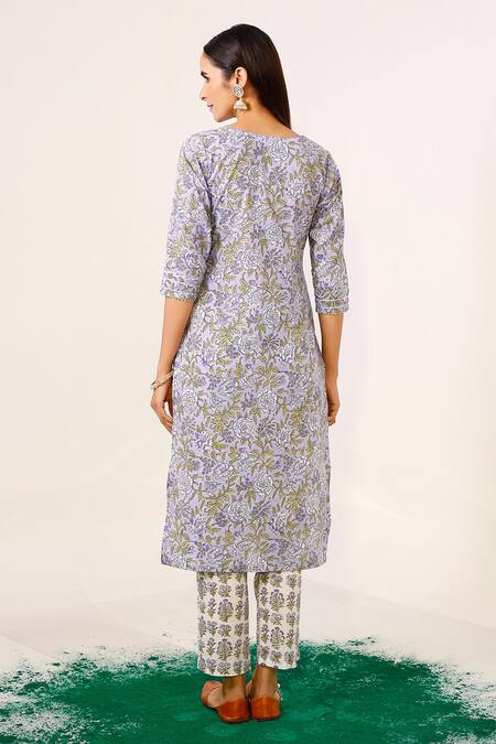 Shop Pheeta Purple Cotton Printed Flower Round Long Kurta And Pant Set at Aza Fashions Shop_Pheeta_Purple Cotton Printed Flower Round Long Kurta And Pant Set_at_Aza_Fashions