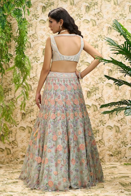 Shop Ariyana By Aza Blue Net, Silk Tassels, Embroidery Flower Bridal Lehenga Set at Aza Fashions Shop_Ariyana By Aza_Blue Net, Silk Tassels, Embroidery Flower Bridal Lehenga Set _at_Aza_Fashions