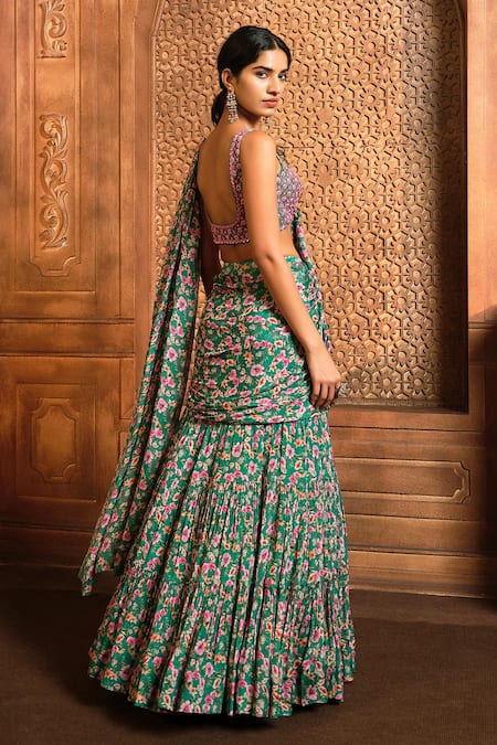 Shop Aneesh Agarwaal Green Chiffon, Organza Pre-draped Flower Bloom Print Saree With Blouse at Aza Fashions Shop_Aneesh Agarwaal_Green Chiffon, Organza Pre-draped Flower Bloom Print Saree With Blouse _at_Aza_Fashions