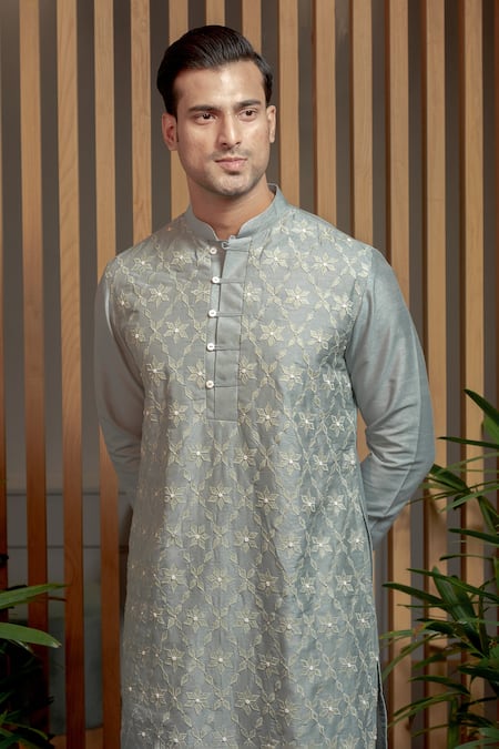 Shop Darshika Menswear Blue Cotton, Silk Applique Embroidered Kurta Set at Aza Fashions Shop_Darshika Menswear_Blue Cotton, Silk Applique Embroidered Kurta Set _at_Aza_Fashions