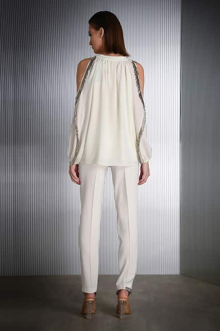 Shop_Rohit Gandhi + Rahul Khanna_White Polyester Tassels Bandeau Neck Cold Shoulder Top _at_Aza_Fashions