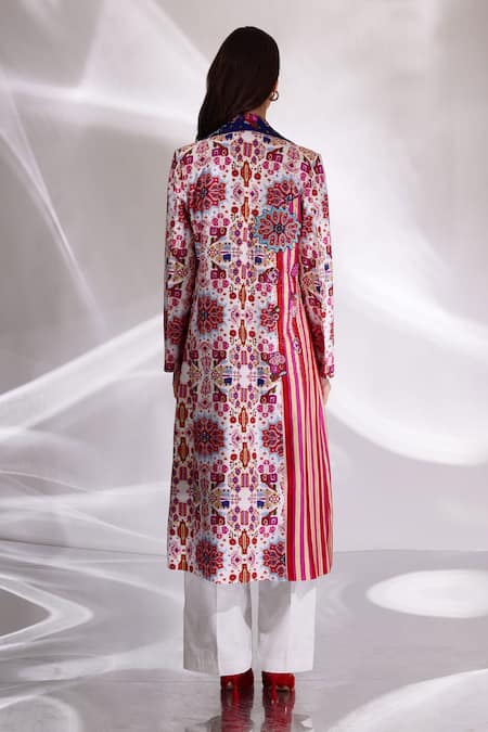 Shop Betrue White Handloom Cotton, Silk Embroidery Collared Floral Print Trench Jacket at Aza Fashions Shop_Betrue_White Handloom Cotton, Silk Embroidery Collared Floral Print Trench Jacket _at_Aza_Fashions