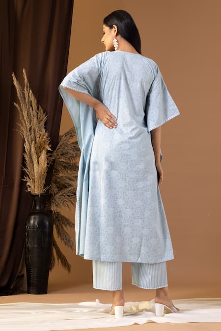 Shop Abbaran Blue Cotton Lace Round Neck Floret Pattern Kaftan And Palazzo Set at Aza Fashions Shop_Abbaran_Blue Cotton Lace Round Neck Floret Pattern Kaftan And Palazzo Set _at_Aza_Fashions