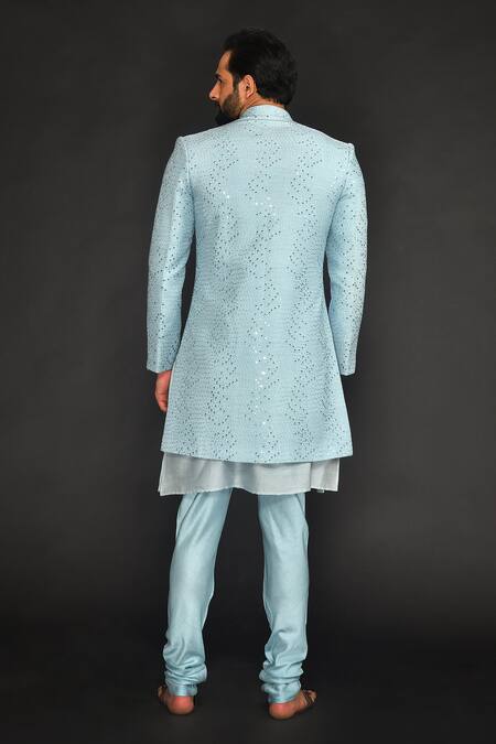 Shop Sammohan Ceremonial Sky Blue Vis Silk And Spun Lining 100% Embroidered Sherwani Set at Aza Fashions Shop_Sammohan Ceremonial_Sky Blue Vis Silk And Spun Lining 100% Embroidered Sherwani Set_at_Aza_Fashions