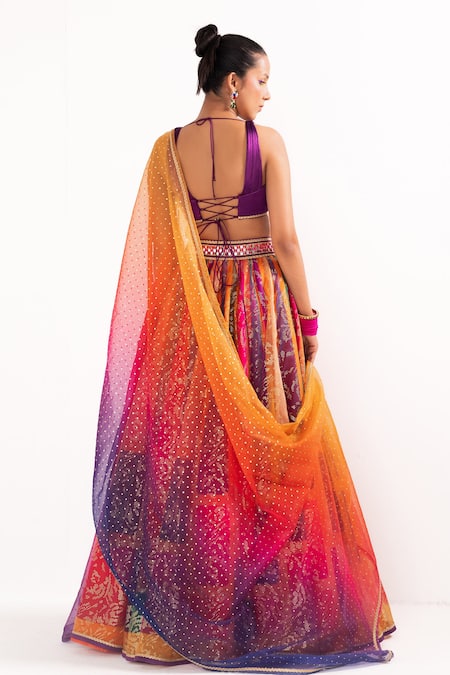 Shop_Cedar & Pine_Multi Color Organza, Satin Foil Printing, Embroidery Plunge Block Lehenga Set _at_Aza_Fashions