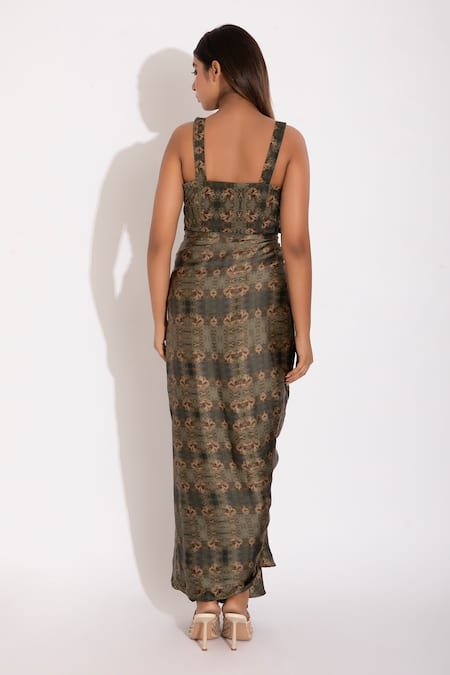 Shop_Studio Surbhi_Green Cotton Satin, Georgette Piping Olive Abstract Print Draped Saree Gown _at_Aza_Fashions