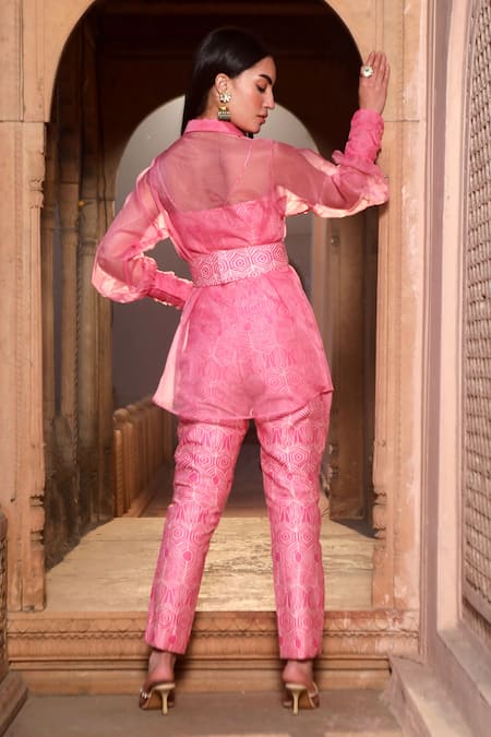 Shop Dheeru Taneja Pink Organza, Chanderi Beads, Sequins Peony Sheer Shirt And Straight Pant Set at Aza Fashions Shop_Dheeru Taneja_Pink Organza, Chanderi Beads, Sequins Peony Sheer Shirt And Straight Pant Set _at_Aza_Fashions