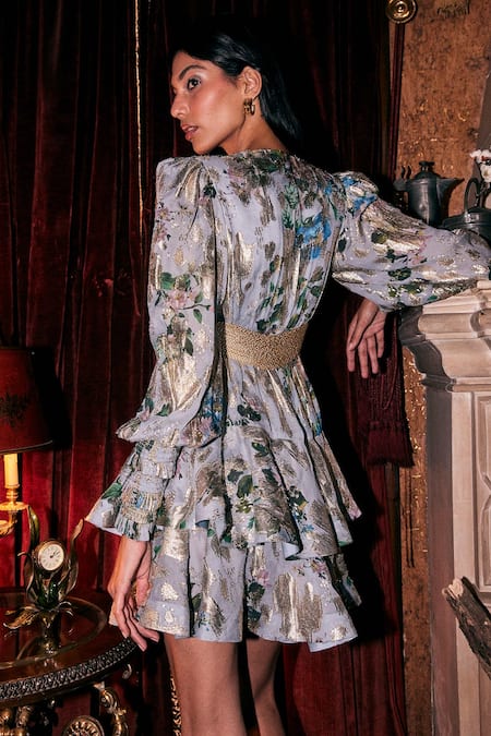 Shop Kangana Trehan Blue Georgette Beads V-neck Floral Print Dress With Rope Belt at Aza Fashions Shop_Kangana Trehan_Blue Georgette Beads V-neck Floral Print Dress With Rope Belt _at_Aza_Fashions