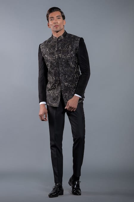 Shop More Mischief Black Velvet, Wool, Cotton Embroidery Floral Bandhgala Set at Aza Fashions Shop_More Mischief_Black Velvet, Wool, Cotton Embroidery Floral Bandhgala Set_at_Aza_Fashions