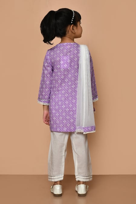 Shop_Pankhuri By Priyanka_Purple Cotton, Chiffon Lace Geometric Hand Block Print Kurta Set _at_Aza_Fashions