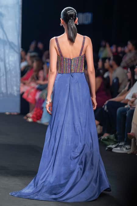 Shop Sejal Kamdar Blue Gajji Silk Embellished And Printed Ajrakh Sweetheart Yoke Draped Gown at Aza Fashions Shop_Sejal Kamdar_Blue Gajji Silk Embellished And Printed Ajrakh Sweetheart Yoke Draped Gown _at_Aza_Fashions