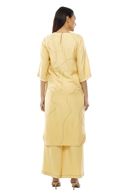 Shop_Khat_Yellow Tencil Twill Embroidery Chawal Taaka Square Abstract Kurta And Palazzo Set _at_Aza_Fashions
