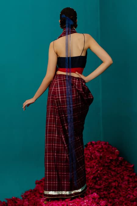 Shop_Latha Puttanna_Maroon Checkered Karnataka Silk Saree _at_Aza_Fashions