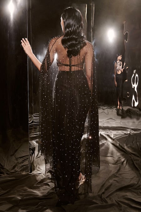 Shop Masumi Mewawalla Black Net, Maheshwari, Cotton Beads, Floral Embroidered Blouse And Dhoti Skirt Set at Aza Fashions Shop_Masumi Mewawalla_Black Net, Maheshwari, Cotton Beads, Floral Embroidered Blouse And Dhoti Skirt Set _at_Aza_Fashions