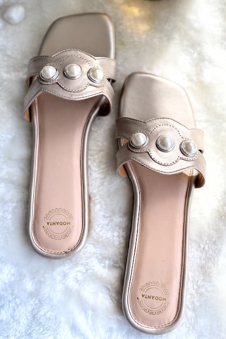 Shop Modanta Footwear Gold Pearl Embellished Flats at Aza Fashions Shop_Modanta Footwear_Gold Pearl Embellished Flats _at_Aza_Fashions
