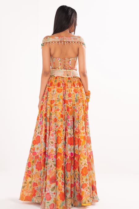 Shop Cedar & Pine Multi Color Organza, Tulle Embroidery, Floral Impression Skirt And Off Blouse Set at Aza Fashions Shop_Cedar & Pine_Multi Color Organza, Tulle Embroidery, Floral Impression Skirt And Off Blouse Set _at_Aza_Fashions