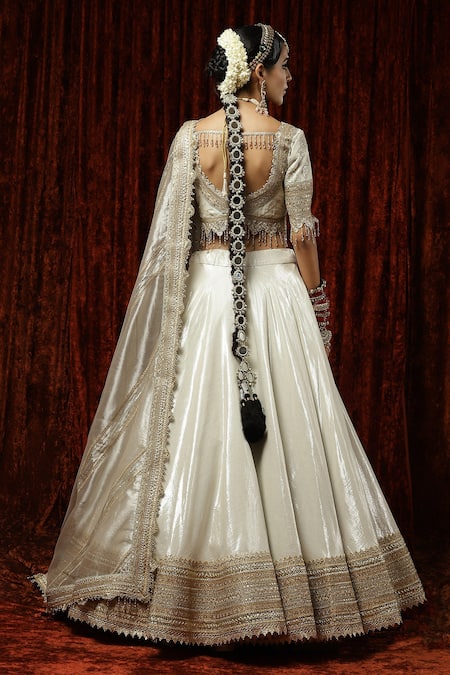 Shop Shikhar Sharma Silver Net, Tissue, Chanderi Beads, Chandni Gota And Zari Bridal Lehenga Set at Aza Fashions Shop_Shikhar Sharma_Silver Net, Tissue, Chanderi Beads, Chandni Gota And Zari Bridal Lehenga Set _at_Aza_Fashions