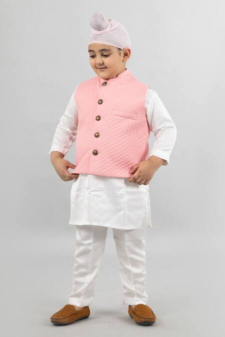 Shop_Darleen Kids Couture_Pink Jacket  Cotton Satin Quilted Bundi Kurta Set _at_Aza_Fashions
