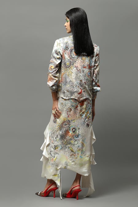 AK-OK Multi Color Satin Embroidery Bandeau Neck Abstract Print Bomber Online at Aza Fashions AK-OK_Multi Color Satin Embroidery Bandeau Neck Abstract Print Bomber _Online_at_Aza_Fashions