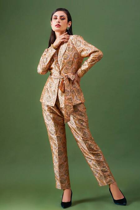 Shop Fuga Multi Color Maheshwari Taupe Floral Mandala Pattern Blazer And Pant Set at Aza Fashions Shop_Fuga_Multi Color Maheshwari Taupe Floral Mandala Pattern Blazer And Pant Set_at_Aza_Fashions