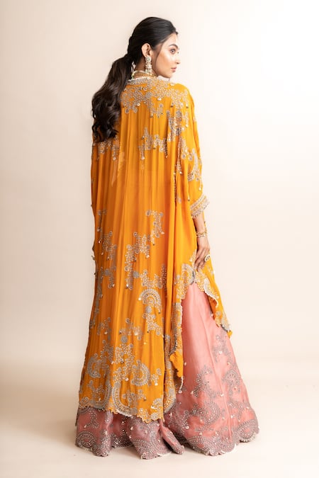 Shop_Nupur Kanoi_Pink Crepe, Satin, Organza Embroidered Lehenga Set With Contrast Triangle Cape _at_Aza_Fashions